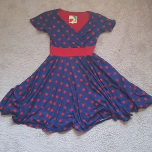 Red and navy blue polka dot dress